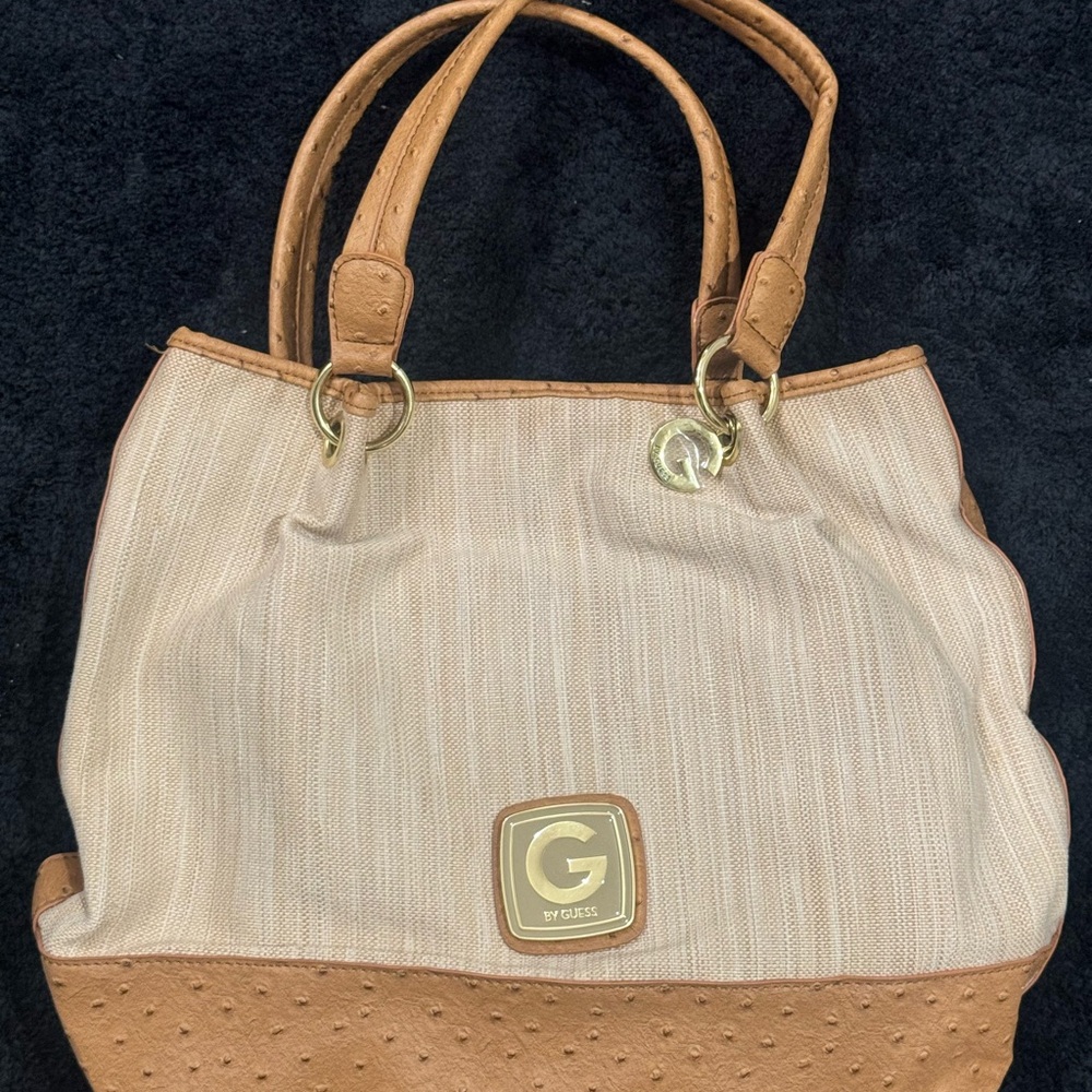 Guess Tan and Cream Structured Tote Bag
